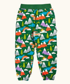 Frugi organic cotton green malpas joggers with rescue trails print. Print features colourful mountains, trees, grass, water and rescue vehicles on a bottle green background.