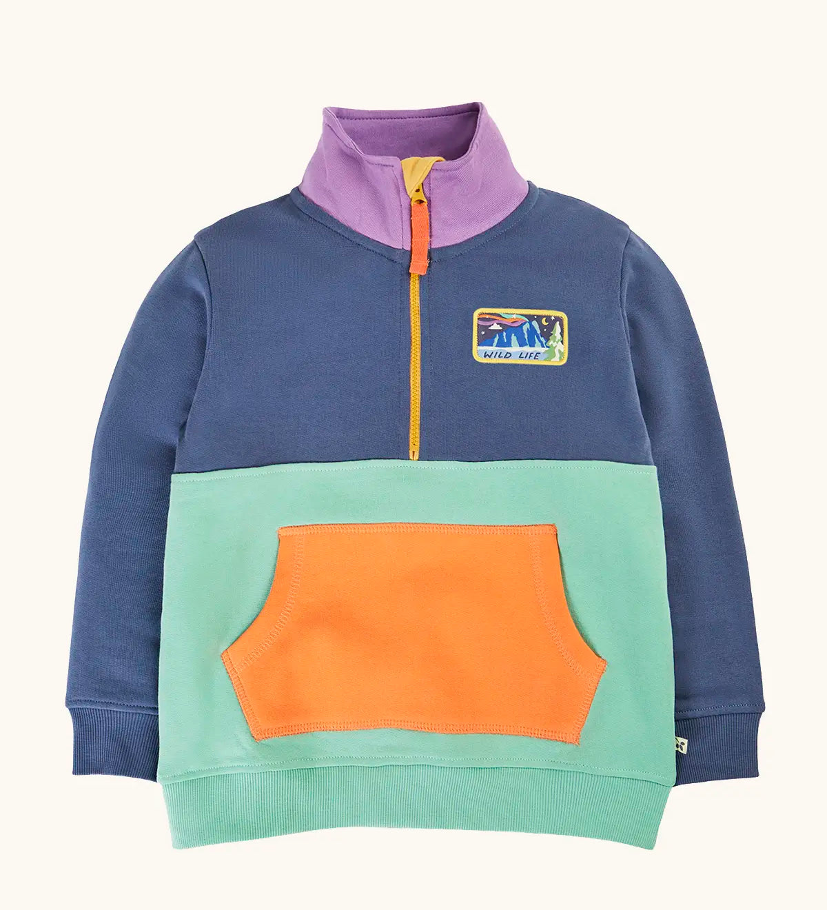 Frugi organic cotton half zip sweatshirt hotchpotch wildlife. Colourblock top with light blue bottom half, navy op and arms, purple collar and orange kangaroo pocket. Rectangle shaped wildlife badge on the chest.