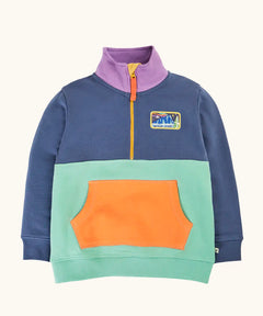Frugi organic cotton half zip sweatshirt hotchpotch wildlife. Colourblock top with light blue bottom half, navy op and arms, purple collar and orange kangaroo pocket. Rectangle shaped wildlife badge on the chest.