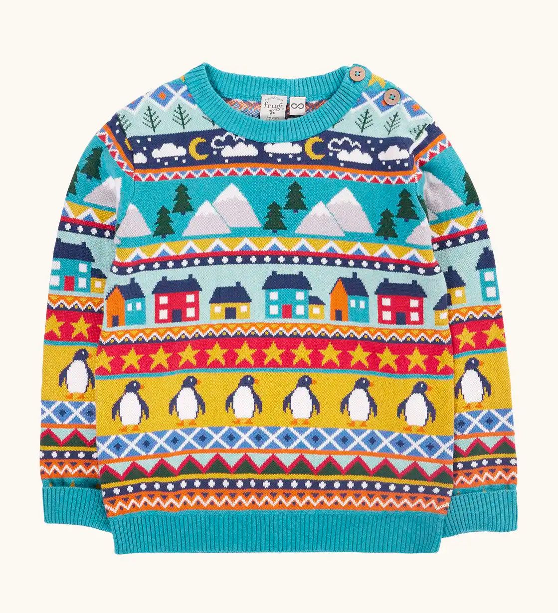 Frugi festive fair isle organic cotton children's jumper. Multicoloured fairisle design featuring penguins, stars, houses, mountain, trees, clouds and snowy clouds.