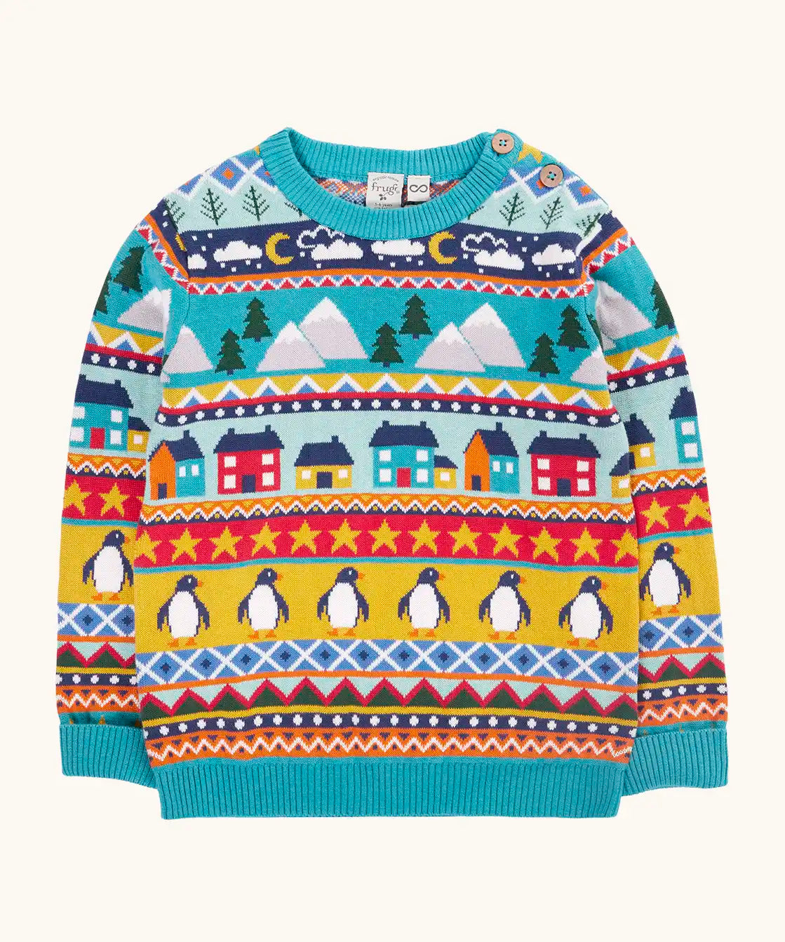 Frugi festive fair isle organic cotton children's jumper. Multicoloured fairisle design featuring penguins, stars, houses, mountain, trees, clouds and snowy clouds.