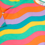 Close up of Frugi rainbow ric rac organic cotton bryher top. Long sleeved kids top with yellow, blue, lilac, orange, pink and green ric rac stripes. 