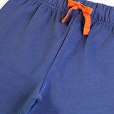 Close up of the elasticated waist and orange waist tie on the Frugi navy nessie organic cotton kids character joggers.