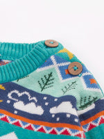 Close up of the wooden buttons on the shoulder of the Frugi festive fair isle organic cotton jumper.