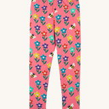 Frugi organic cotton kids Libby leggings with a fun flowers print on a pink background.
