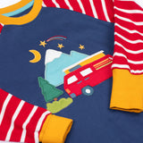 A close up of the campervan applique detail on the front of the Frugi breton campervan design organic cotton jamie jim jams long sleeved pyjamas.