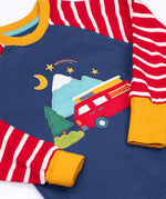 A close up of the campervan applique detail on the front of the Frugi breton campervan design organic cotton jamie jim jams long sleeved pyjamas.