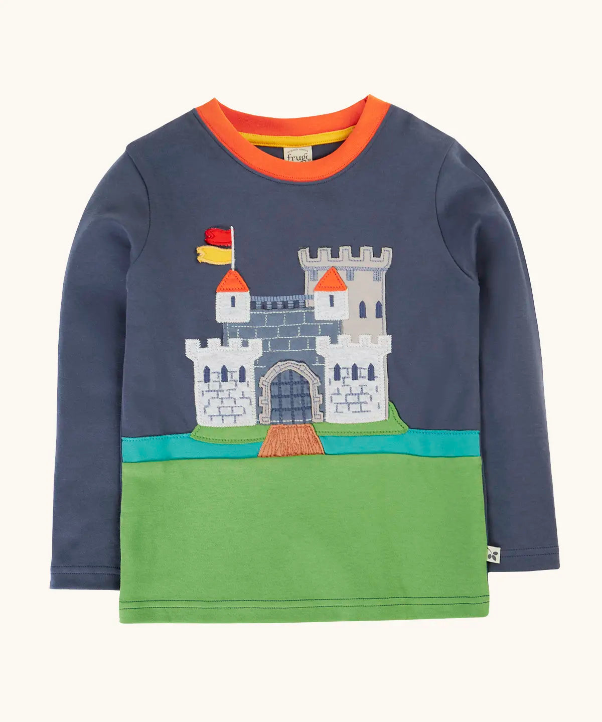 Frugi childs organic cotton terrific long sleeve navy top with castle applique.