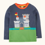 Frugi childs organic cotton terrific long sleeve navy top with castle applique.