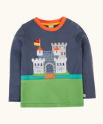 Frugi childs organic cotton terrific long sleeve navy top with castle applique.