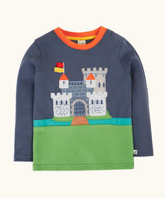 Frugi childs organic cotton terrific long sleeve navy top with castle applique.