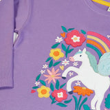 Close up Frugi organic cotton bethany long sleeved periwinkle purple top with a pegasus applique with a rainbow and flowers. 