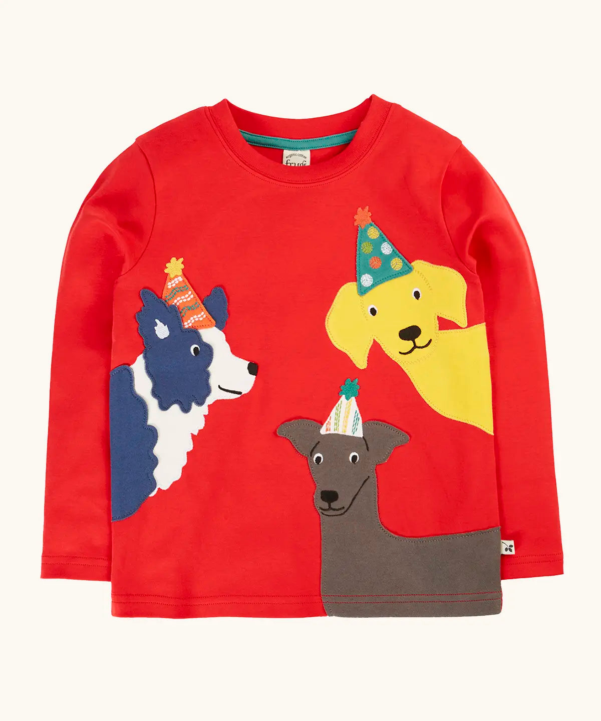 Frugi organic cotton adventure circular long sleeve top scarlet red with three dogs wearing party hats appliques on the front. 