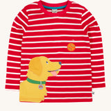 Frugi Discovery Organic Cotton Circular Kids' Top with a red and white Breton Stripe and yellow Dog applique. 