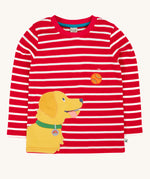 Frugi Discovery Organic Cotton Circular Kids' Top with a red and white Breton Stripe and yellow Dog applique. 