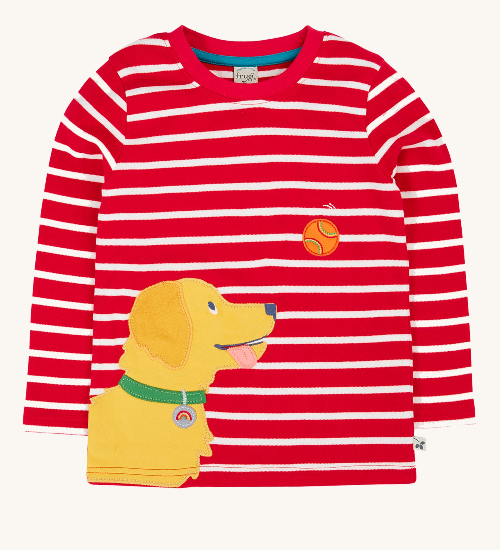Frugi Discovery Organic Cotton Circular Kids' Top with a red and white Breton Stripe and yellow Dog applique. 