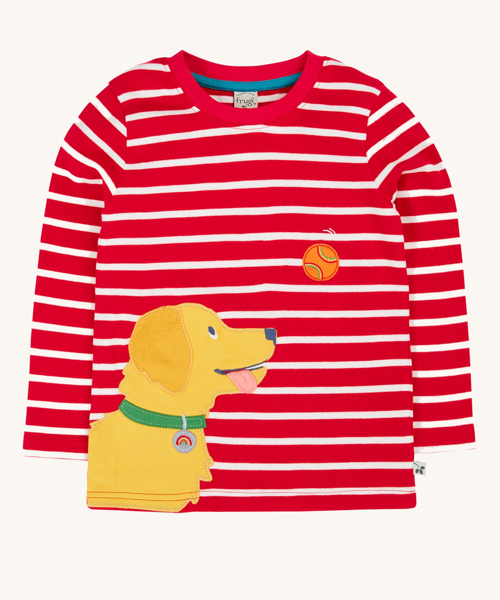 Frugi Discovery Organic Cotton Circular Kids' Top with a red and white Breton Stripe and yellow Dog applique. 