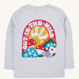 The back of the Frugi Adventure Organic Cotton Printed Kids' grey Top. The back features a large colourful graphic.