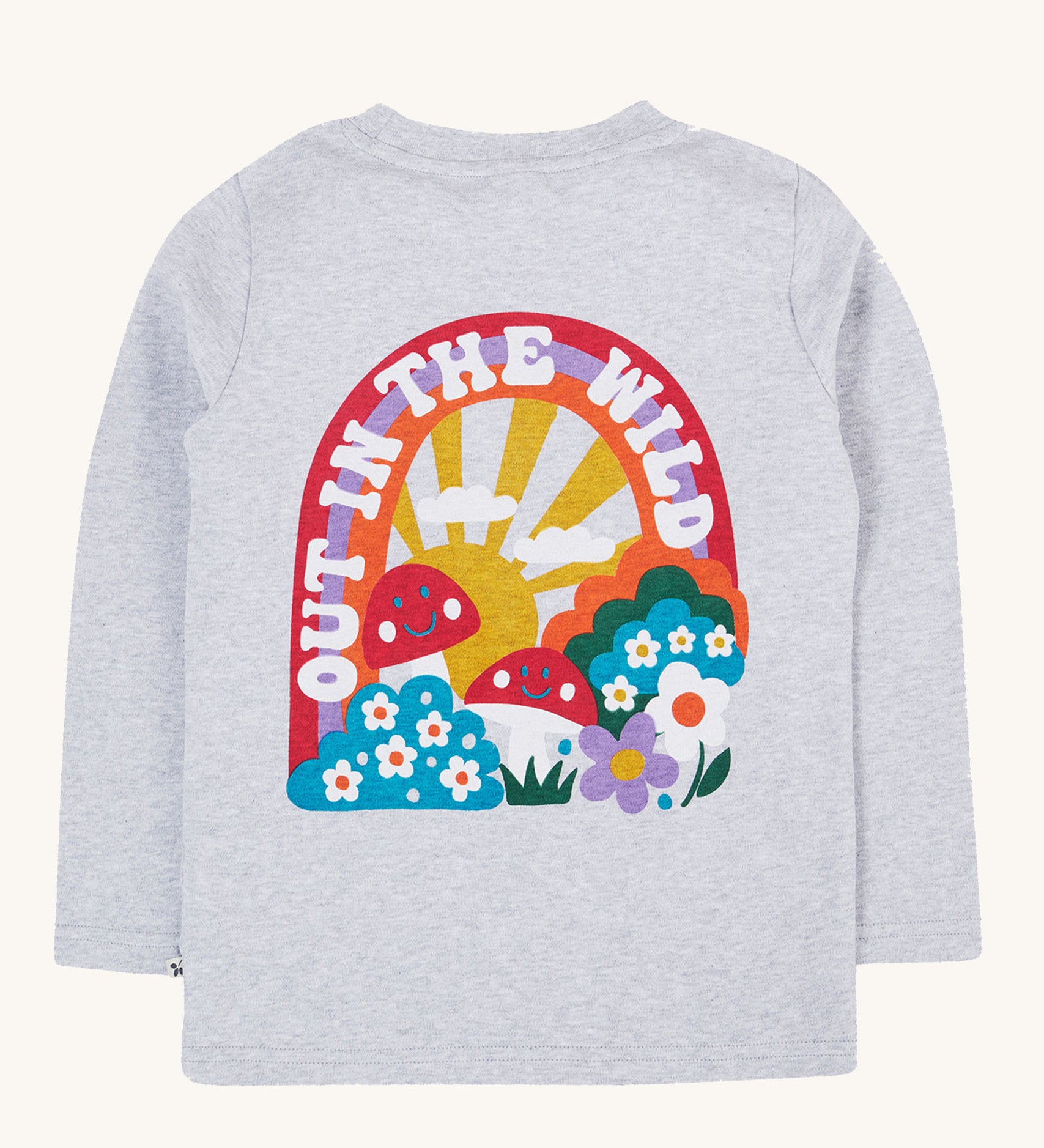 The back of the Frugi Adventure Organic Cotton Printed Kids' grey Top. The back features a large colourful graphic.