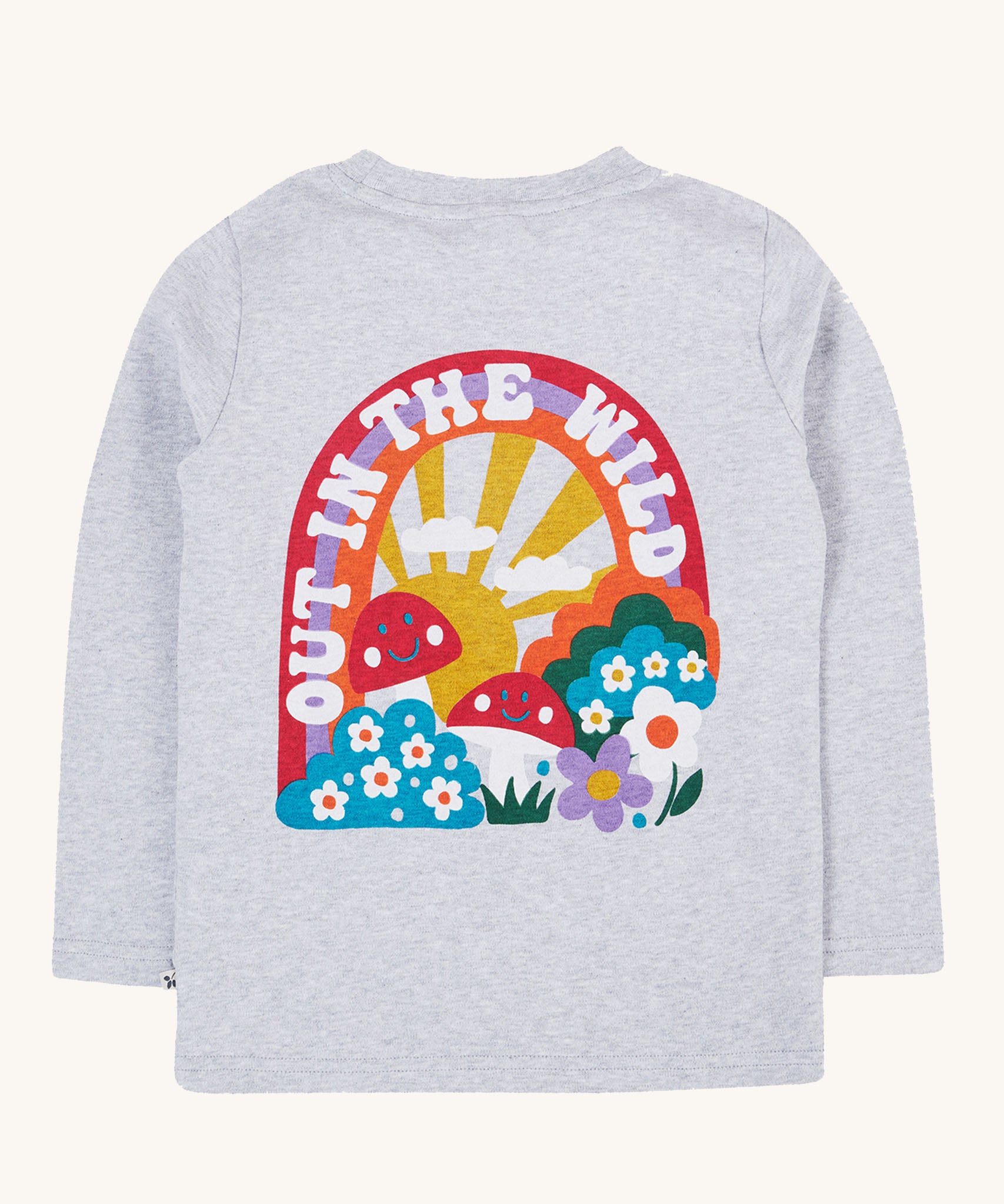 The back of the Frugi Adventure Organic Cotton Printed Kids' grey Top. The back features a large colourful graphic.