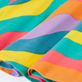 Close up of the Frugi GOTS organic cotton long sleeved sofia skater dress with a rainbow ric rac pattern.