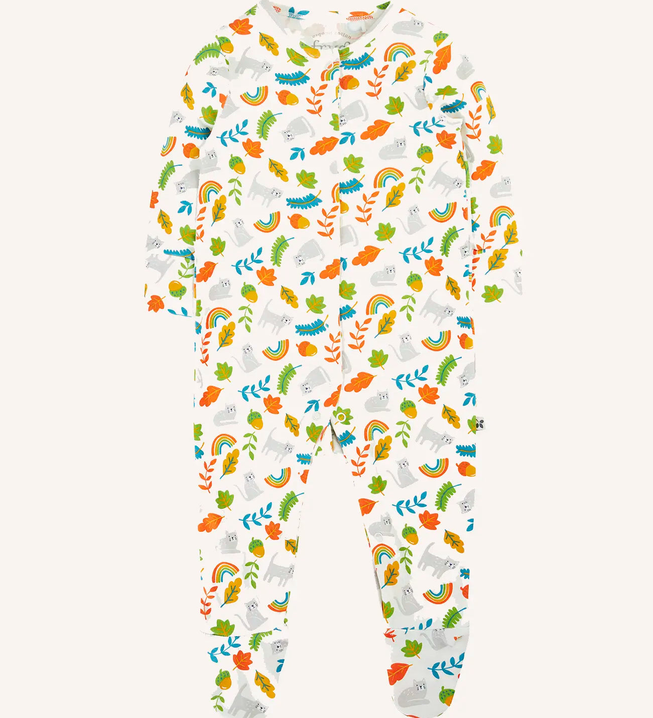 Frugi white organic cotton lovely babygrow with an all over wild cats print.