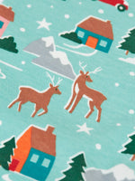 Close up of the reindeer featured in the winter drives print on the Frugi organic cotton lovely babygrow.