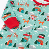 Close up of the fold over cuffs on the Frugi organic cotton lovely babygrow with a winter drives print.