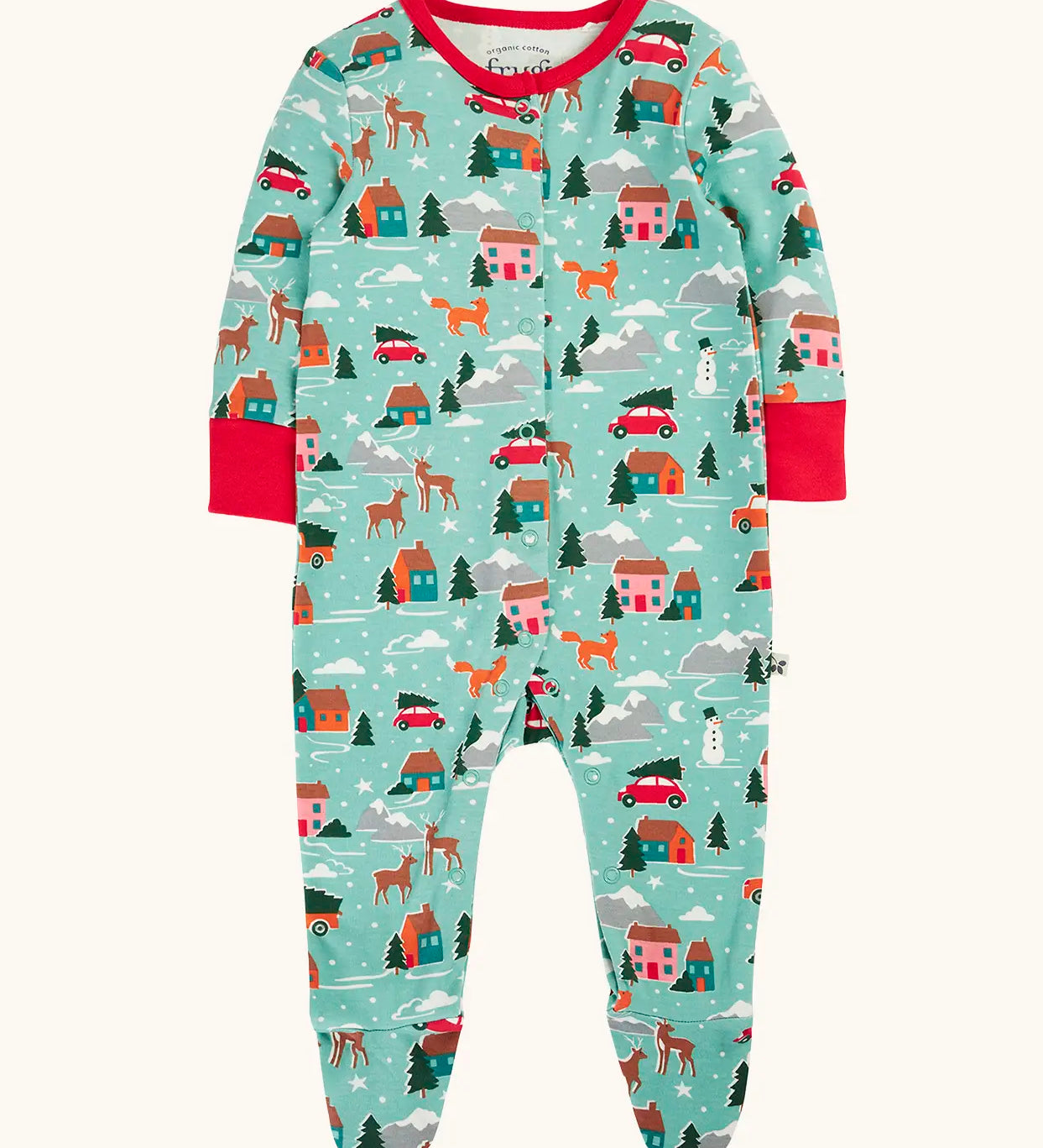Frugi organic cotton lovely babygrow with a winter drives print and contrasting red arm cuffs and neck trim and popper closure.