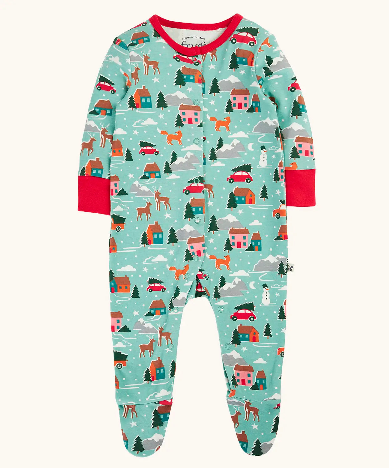 Frugi organic cotton lovely babygrow with a winter drives print and contrasting red arm cuffs and neck trim and popper closure.