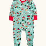 Frugi organic cotton lovely babygrow with a winter drives print and contrasting red arm cuffs and neck trim and popper closure.