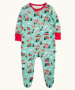Frugi organic cotton lovely babygrow with a winter drives print and contrasting red arm cuffs and neck trim and popper closure.
