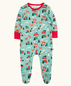 Frugi organic cotton lovely babygrow with a winter drives print and contrasting red arm cuffs and neck trim and popper closure.