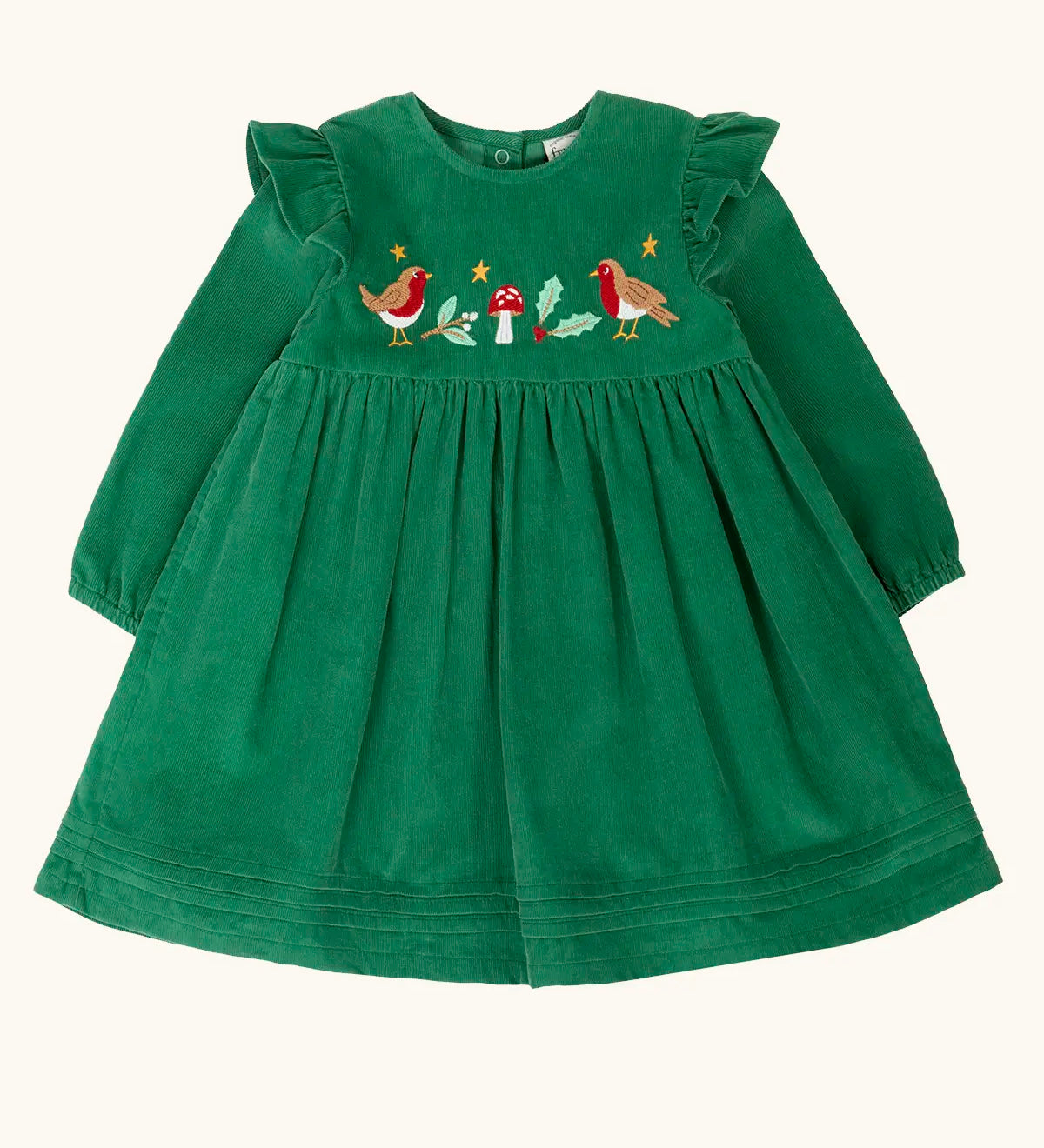 Frugi organic cotton maud holly green corduroy dress with robin details on the chest and shoulder frills.
