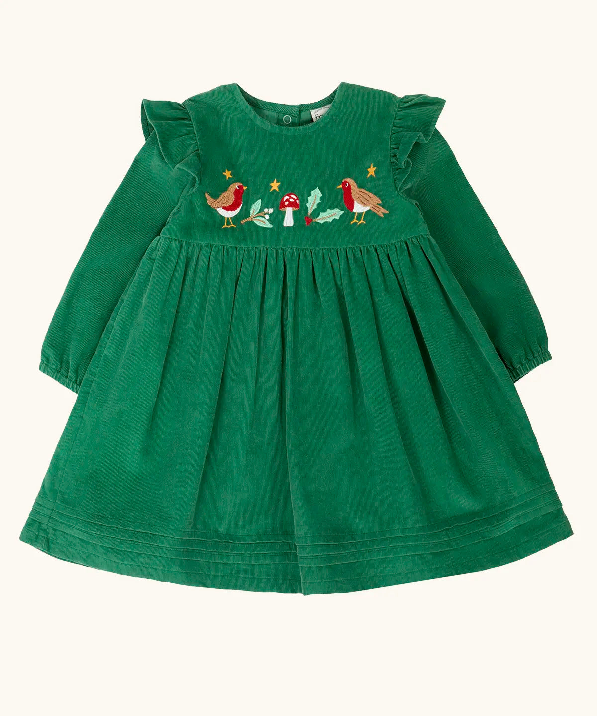 Frugi organic cotton maud holly green corduroy dress with robin details on the chest and shoulder frills.