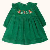 Frugi organic cotton maud holly green corduroy dress with robin details on the chest and shoulder frills.