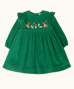 Frugi organic cotton maud holly green corduroy dress with robin details on the chest and shoulder frills.