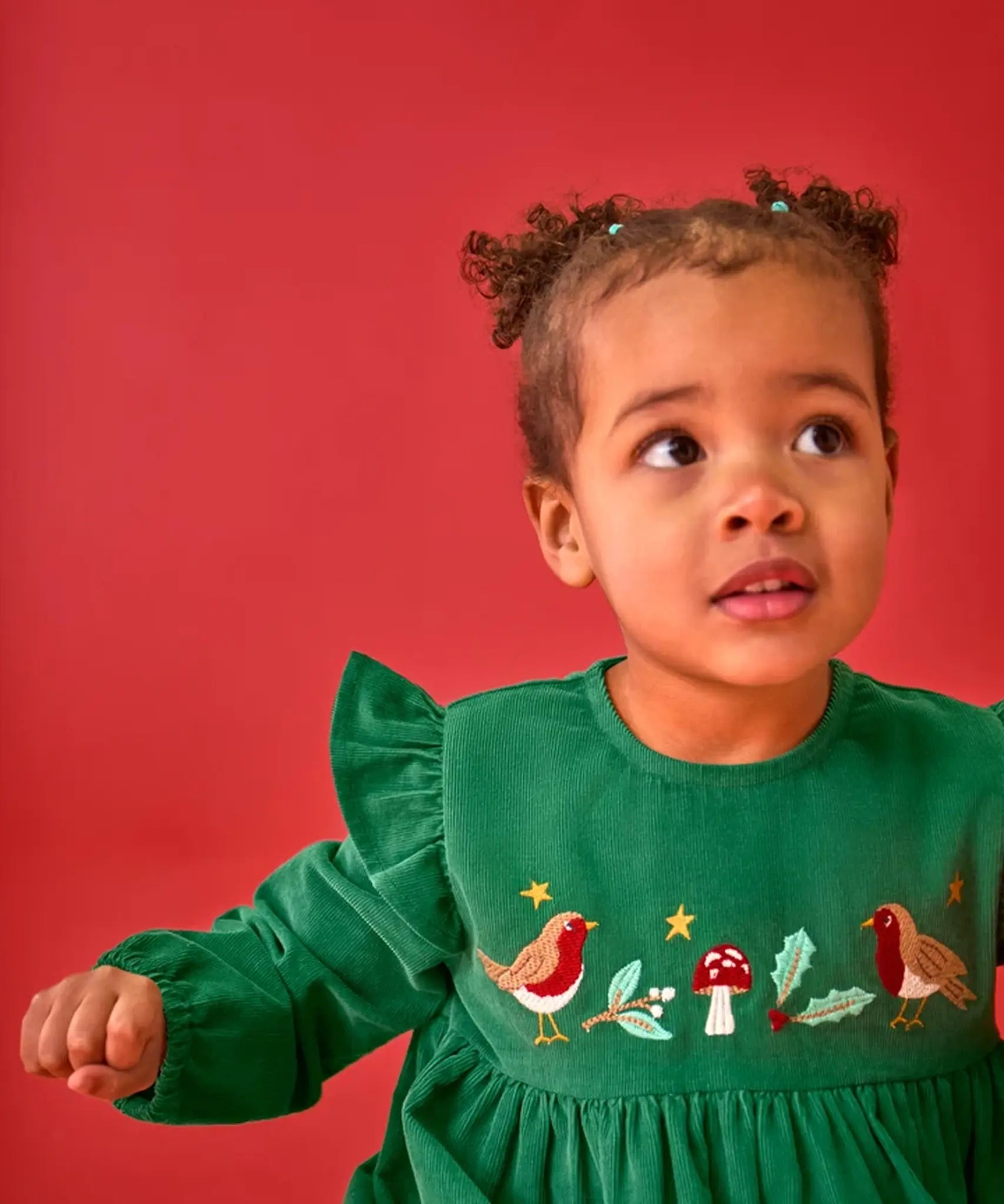 Close up of the embroidery on the front of the Frugi organic cotton maud holly green corduroy dress being worn by a child.