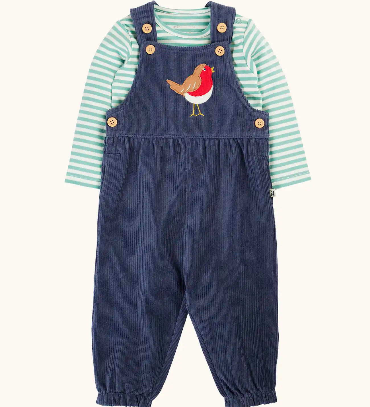 Frugi veryan organic cotton navy cord dungaree with robin applique with long sleeve green and white striped bodysuit  baby outfit.