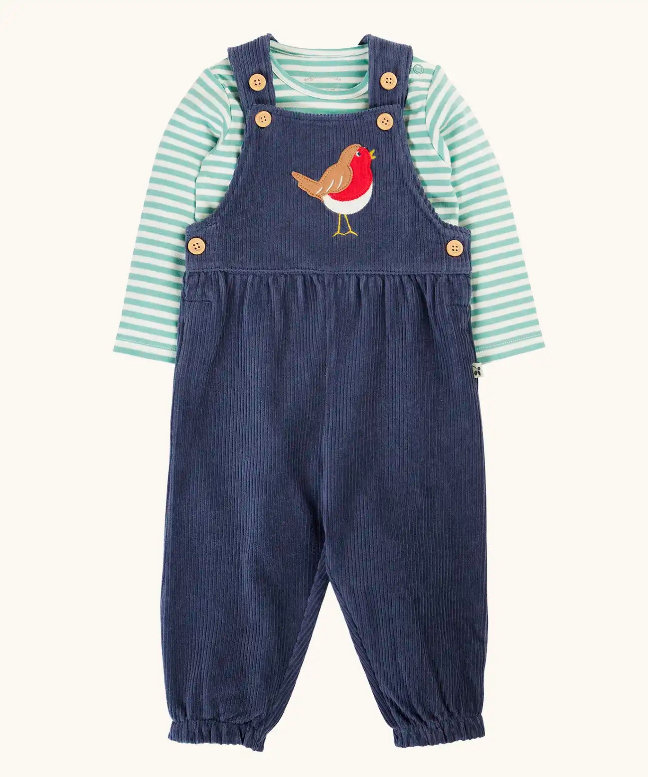 Frugi veryan organic cotton navy cord dungaree with robin applique with long sleeve green and white striped bodysuit  baby outfit.