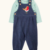 Frugi veryan organic cotton navy cord dungaree with robin applique with long sleeve green and white striped bodysuit  baby outfit.