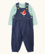 Frugi veryan organic cotton navy cord dungaree with robin applique with long sleeve green and white striped bodysuit  baby outfit.