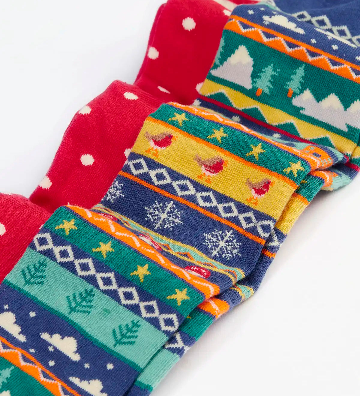 Close up of the Frugi organic cotton norah tights 2 pack. One scarlet red with spots on the lower half and stripes on the top. One Fair Isle pair with festive details.