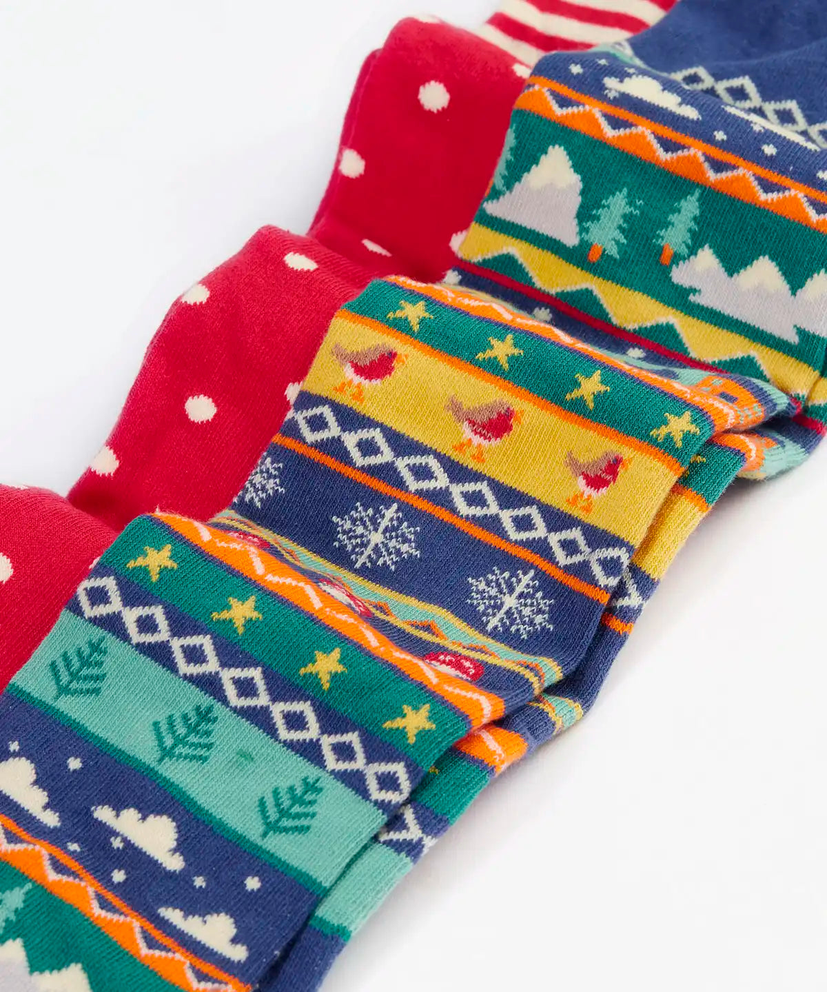 Close up of the Frugi organic cotton norah tights 2 pack. One scarlet red with spots on the lower half and stripes on the top. One Fair Isle pair with festive details.