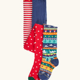 Frugi organic cotton norah tights 2 pack. One scarlet red with spots on the lower half and stripes on the top. One Fair Isle pair with festive details.