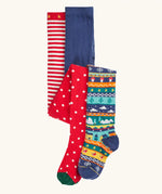 Frugi organic cotton norah tights 2 pack. One scarlet red with spots on the lower half and stripes on the top. One Fair Isle pair with festive details.