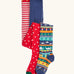Frugi organic cotton norah tights 2 pack. One scarlet red with spots on the lower half and stripes on the top. One Fair Isle pair with festive details.