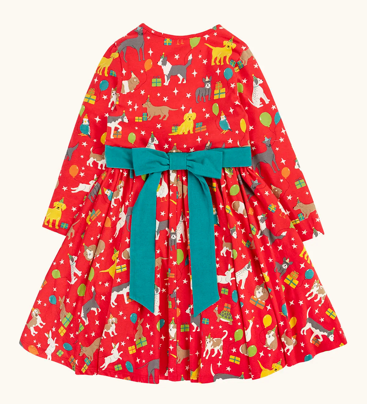 Back of the Frugi organic cotton pink party skater dress in a pet paw-ty print with a detachable teal bow. 
