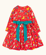Back of the Frugi organic cotton pink party skater dress in a pet paw-ty print with a detachable teal bow. 