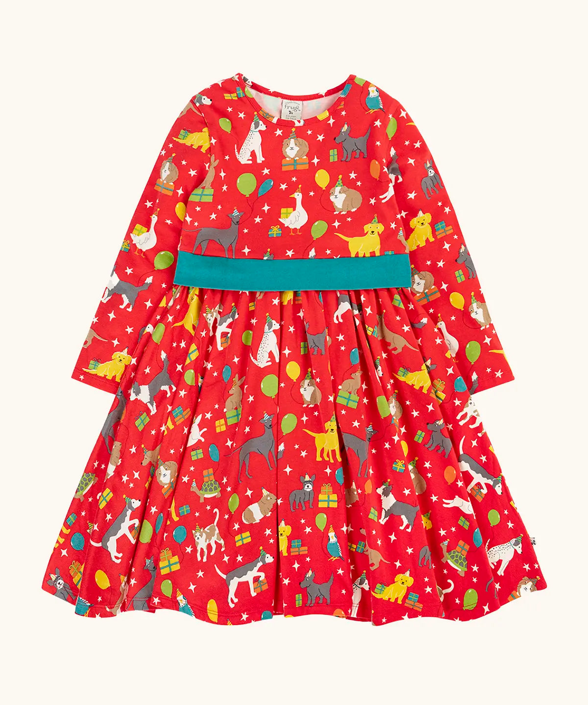 Frugi organic cotton pink party skater dress in a pet paw-ty print featuring pets wearing party hats surrounded by wrapped gifts and balloons. 